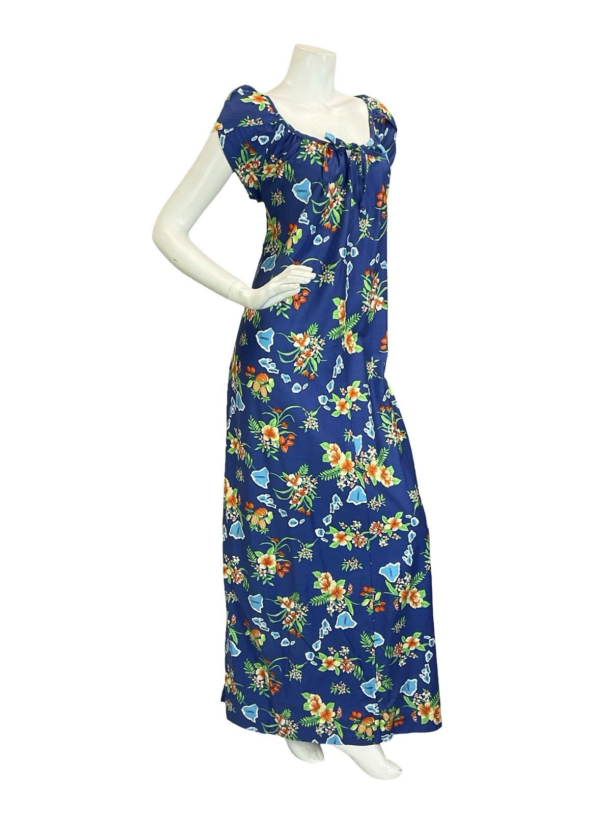 VTG 70S BLUE ORANGE GREEN WHITE HAWAIIAN ISLAND FRUIT HIBISCUS MAXI DRESS 16