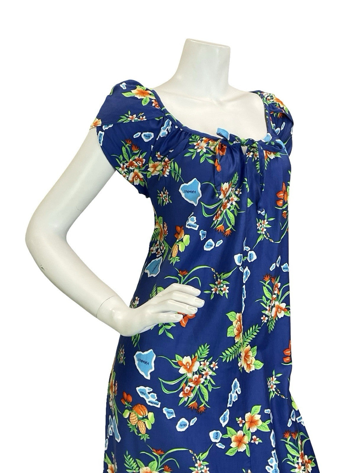 VTG 70S BLUE ORANGE GREEN WHITE HAWAIIAN ISLAND FRUIT HIBISCUS MAXI DRESS 16