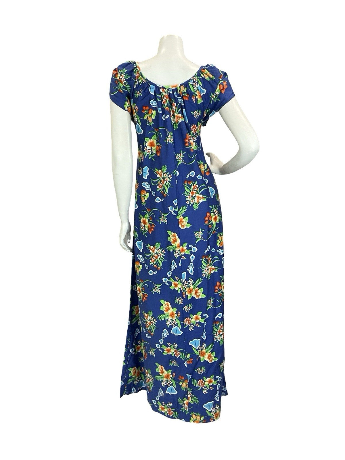 VTG 70S BLUE ORANGE GREEN WHITE HAWAIIAN ISLAND FRUIT HIBISCUS MAXI DRESS 16
