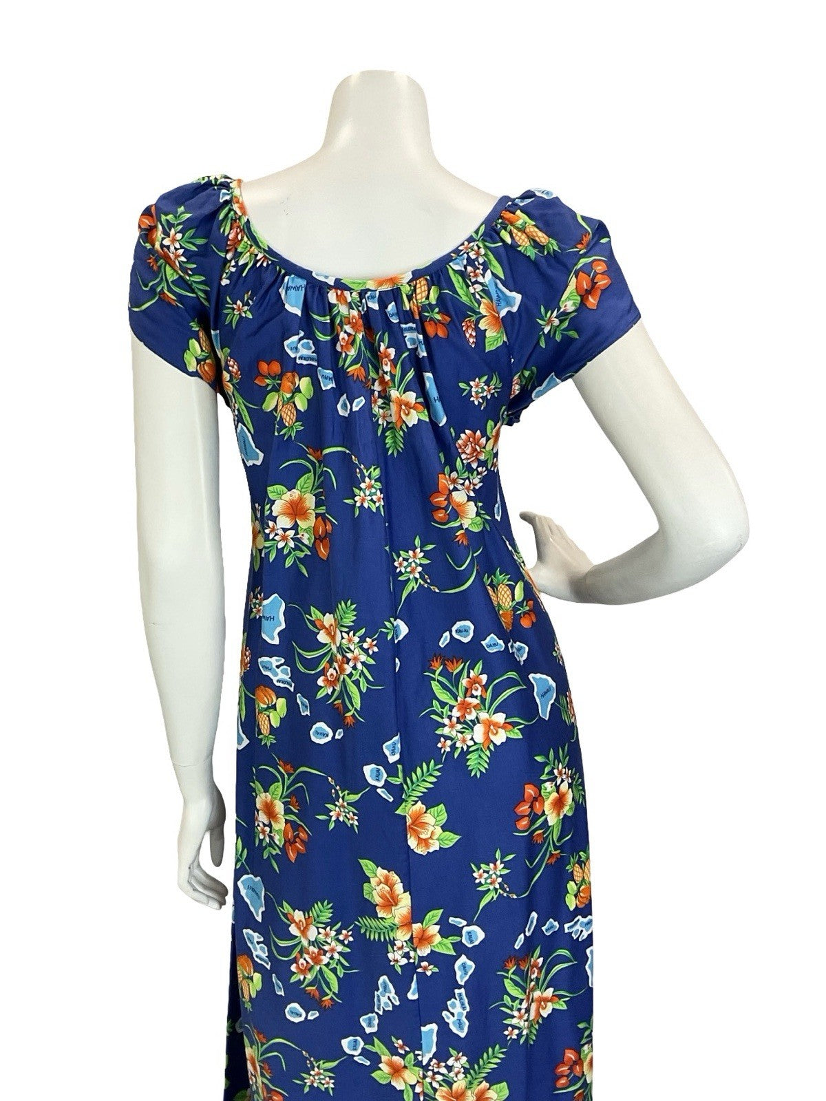 VTG 70S BLUE ORANGE GREEN WHITE HAWAIIAN ISLAND FRUIT HIBISCUS MAXI DRESS 16