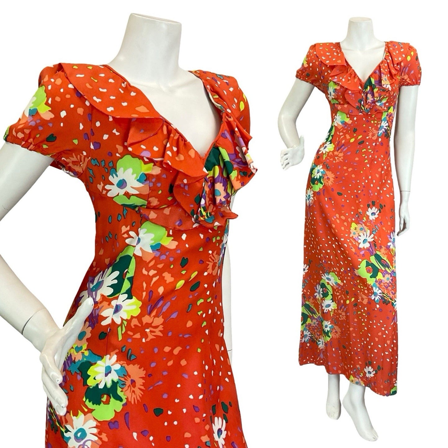 VTG 60S 70S ORANGE GREEN PURPLE WHITE RUFFLE PUFF SLEEVE FLORAL MAXI DRESS 8 6