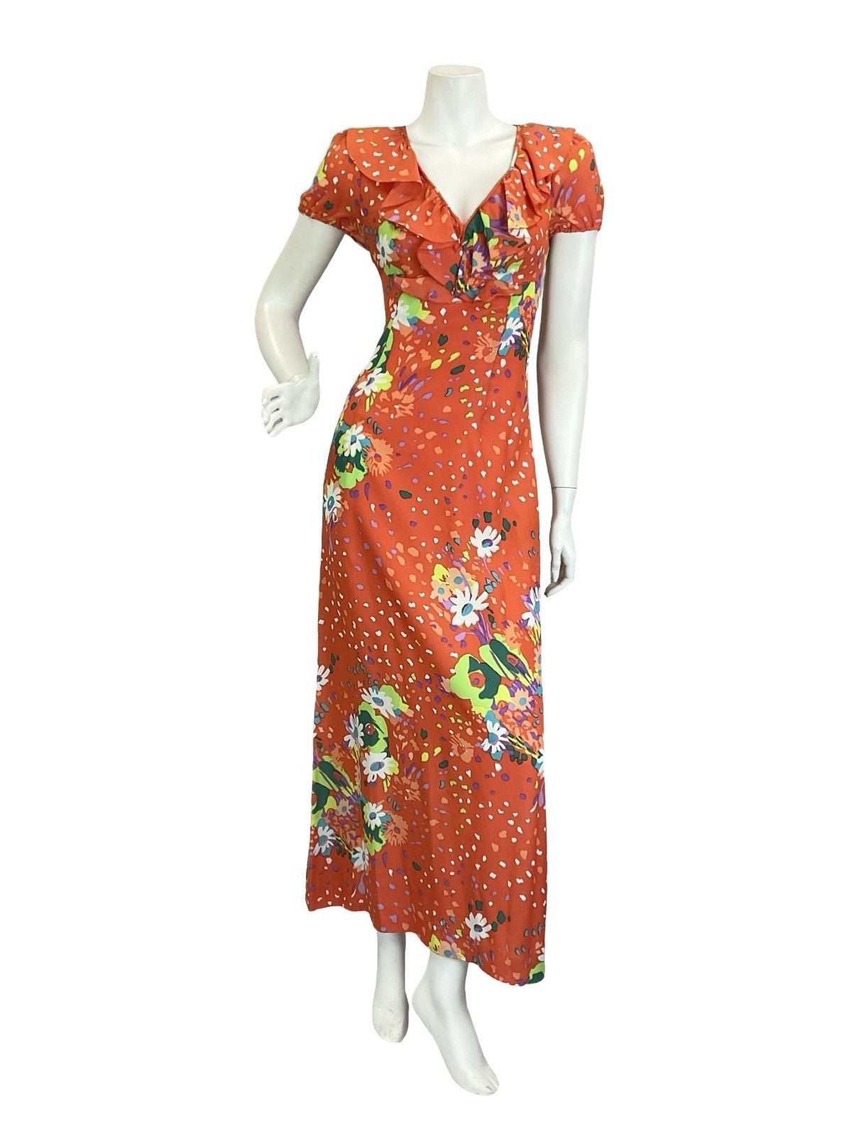 VTG 60S 70S ORANGE GREEN PURPLE WHITE RUFFLE PUFF SLEEVE FLORAL MAXI DRESS 8 6