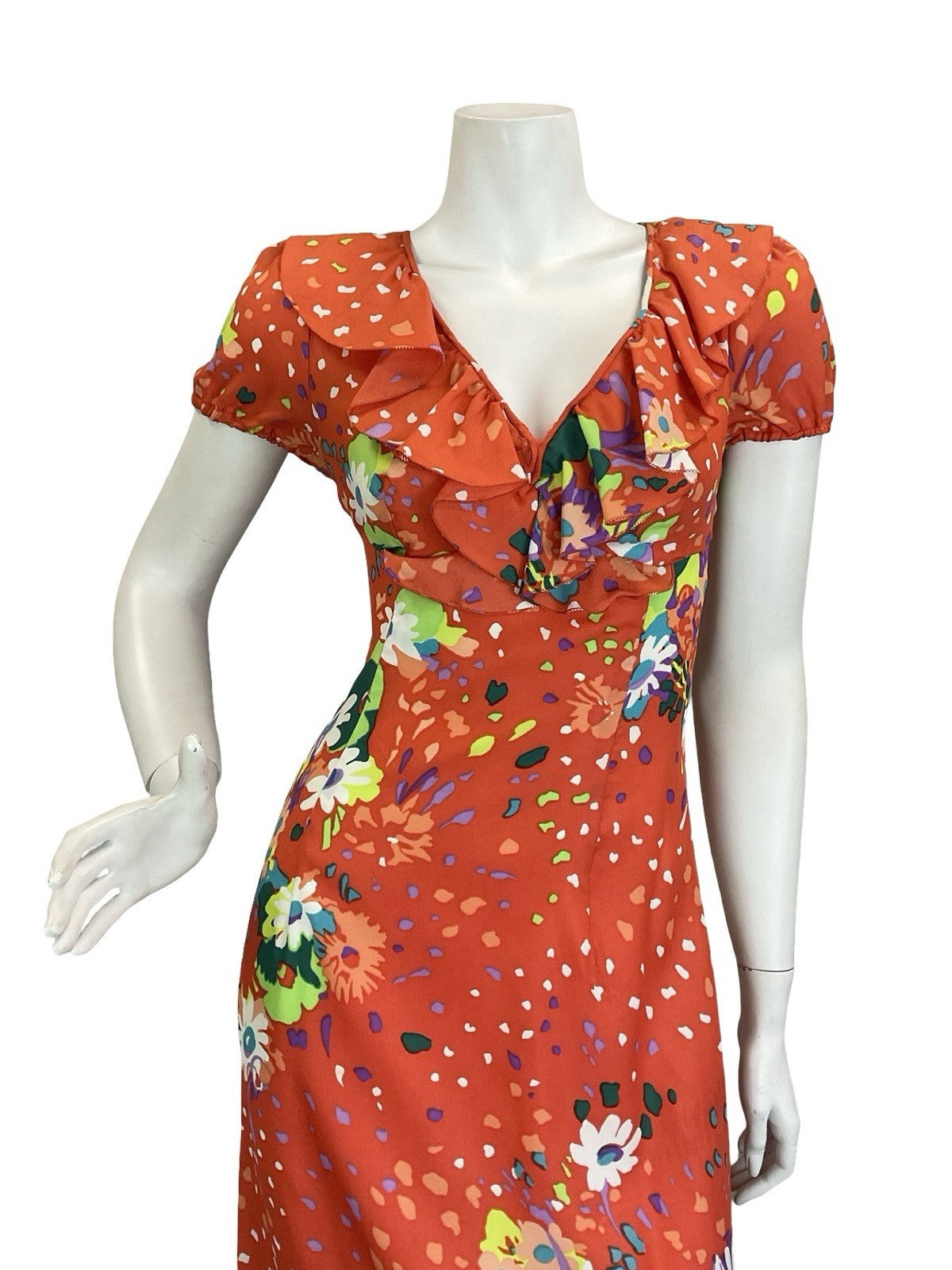 VTG 60S 70S ORANGE GREEN PURPLE WHITE RUFFLE PUFF SLEEVE FLORAL MAXI DRESS 8 6