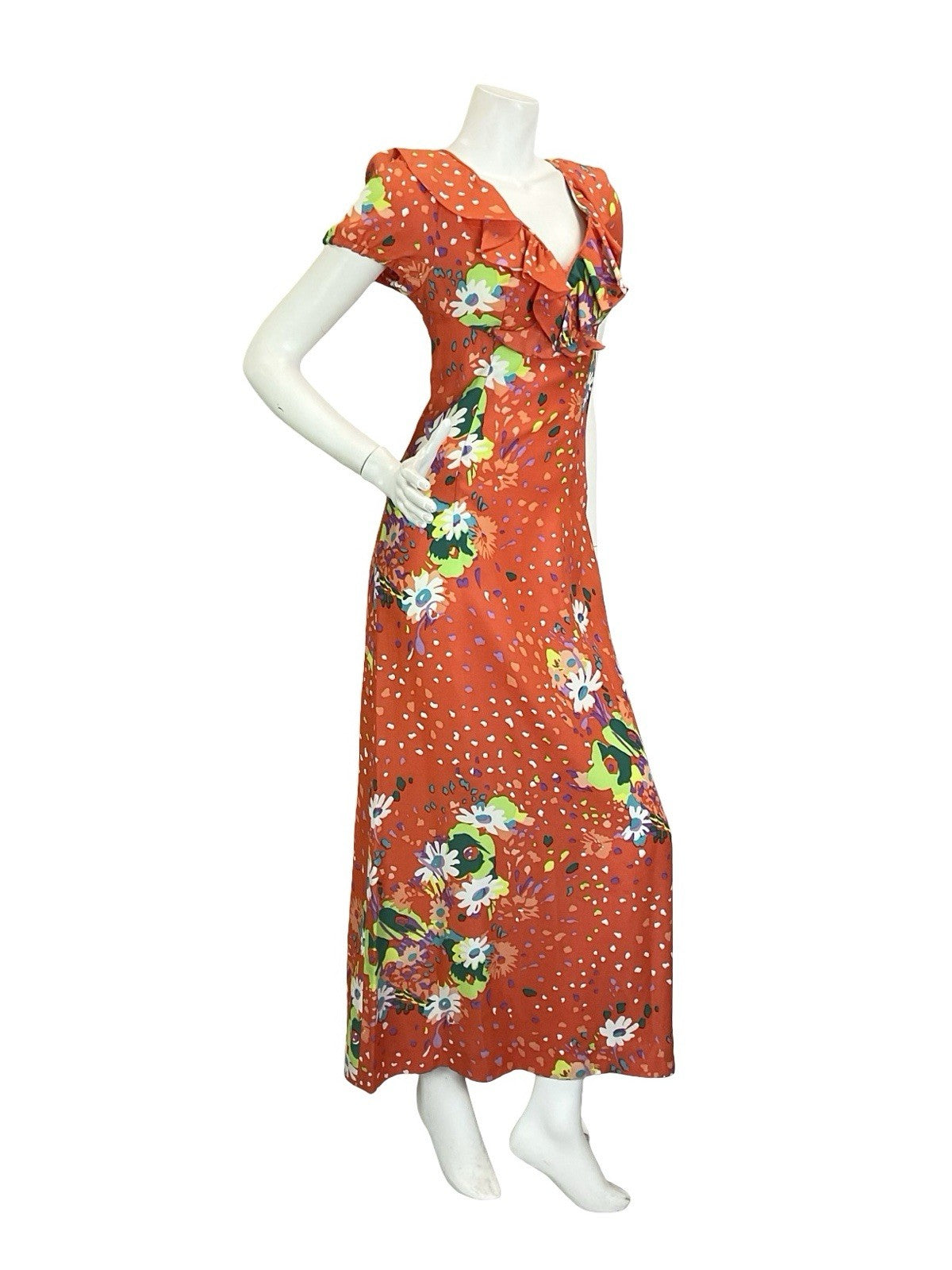 VTG 60S 70S ORANGE GREEN PURPLE WHITE RUFFLE PUFF SLEEVE FLORAL MAXI DRESS 8 6