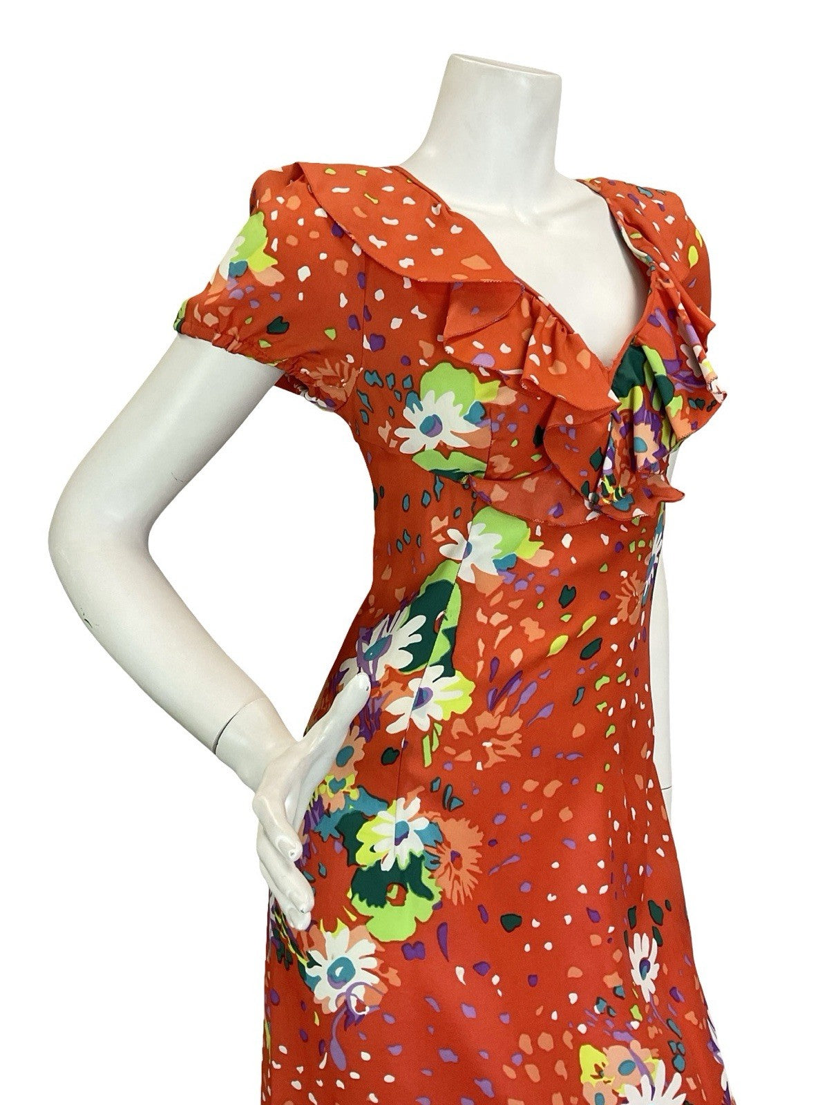 VTG 60S 70S ORANGE GREEN PURPLE WHITE RUFFLE PUFF SLEEVE FLORAL MAXI DRESS 8 6