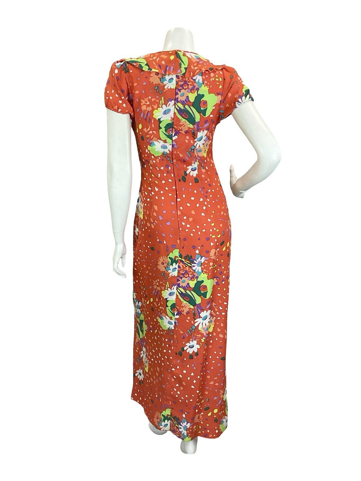 VTG 60S 70S ORANGE GREEN PURPLE WHITE RUFFLE PUFF SLEEVE FLORAL MAXI DRESS 8 6