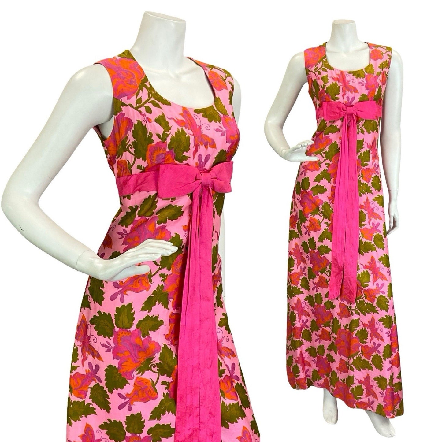 VTG 60S 70S PINK GREEN ORANGE BUTTERFLY FLORAL BOW EMPIRE MAXI DRESS 8 10 S