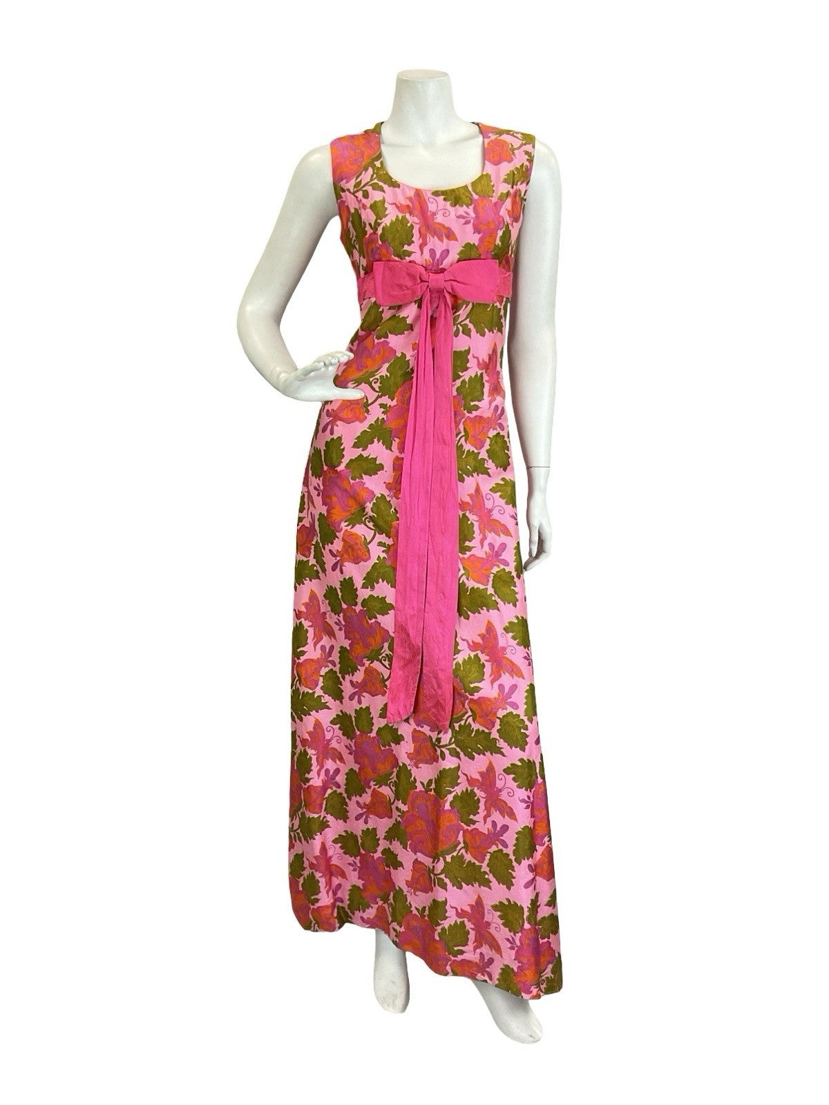 VTG 60S 70S PINK GREEN ORANGE BUTTERFLY FLORAL BOW EMPIRE MAXI DRESS 8 10 S