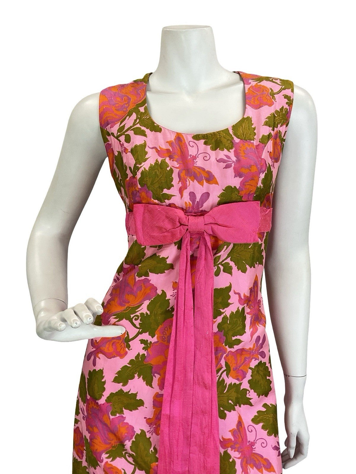 VTG 60S 70S PINK GREEN ORANGE BUTTERFLY FLORAL BOW EMPIRE MAXI DRESS 8 10 S