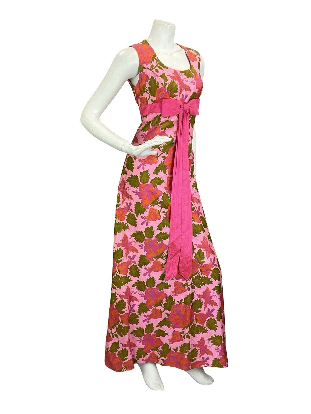 VTG 60S 70S PINK GREEN ORANGE BUTTERFLY FLORAL BOW EMPIRE MAXI DRESS 8 10 S