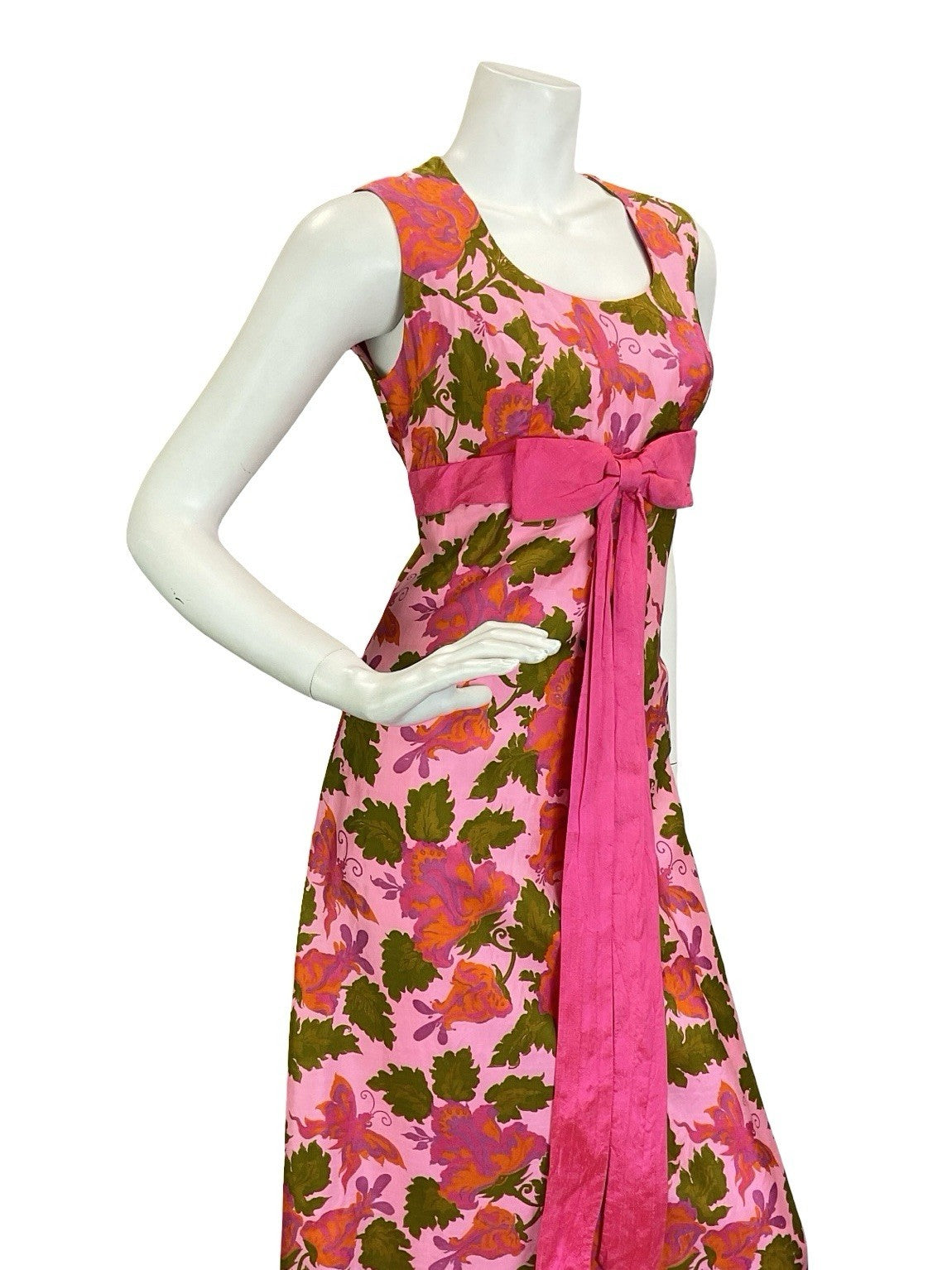 VTG 60S 70S PINK GREEN ORANGE BUTTERFLY FLORAL BOW EMPIRE MAXI DRESS 8 10 S