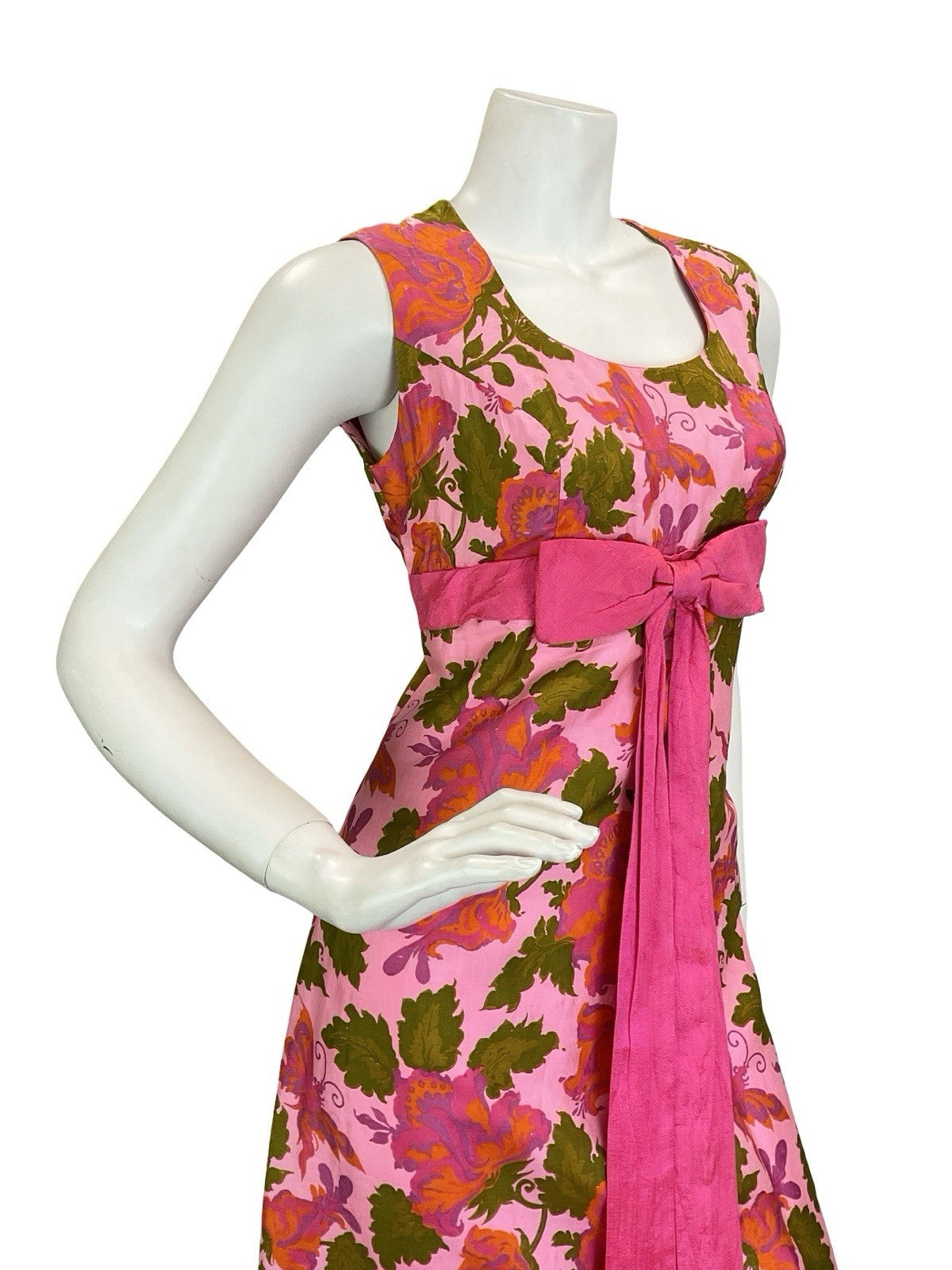 VTG 60S 70S PINK GREEN ORANGE BUTTERFLY FLORAL BOW EMPIRE MAXI DRESS 8 10 S