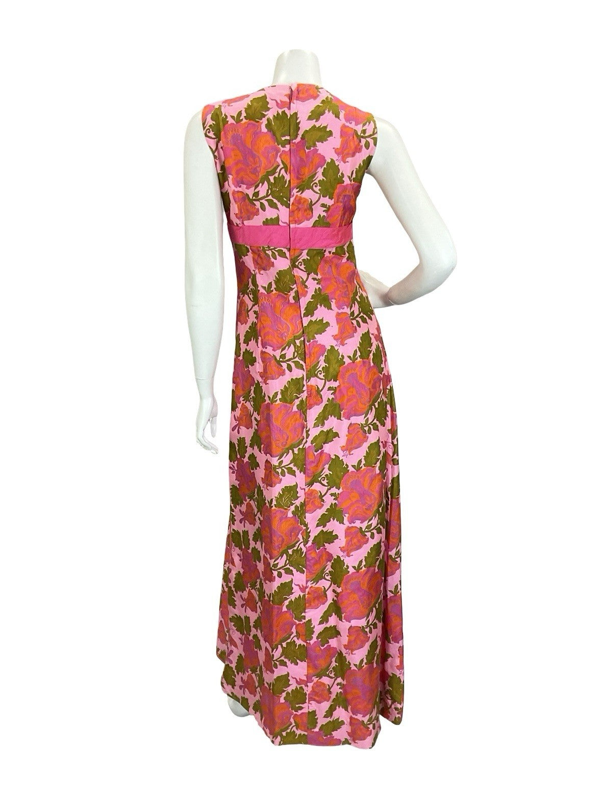 VTG 60S 70S PINK GREEN ORANGE BUTTERFLY FLORAL BOW EMPIRE MAXI DRESS 8 10 S