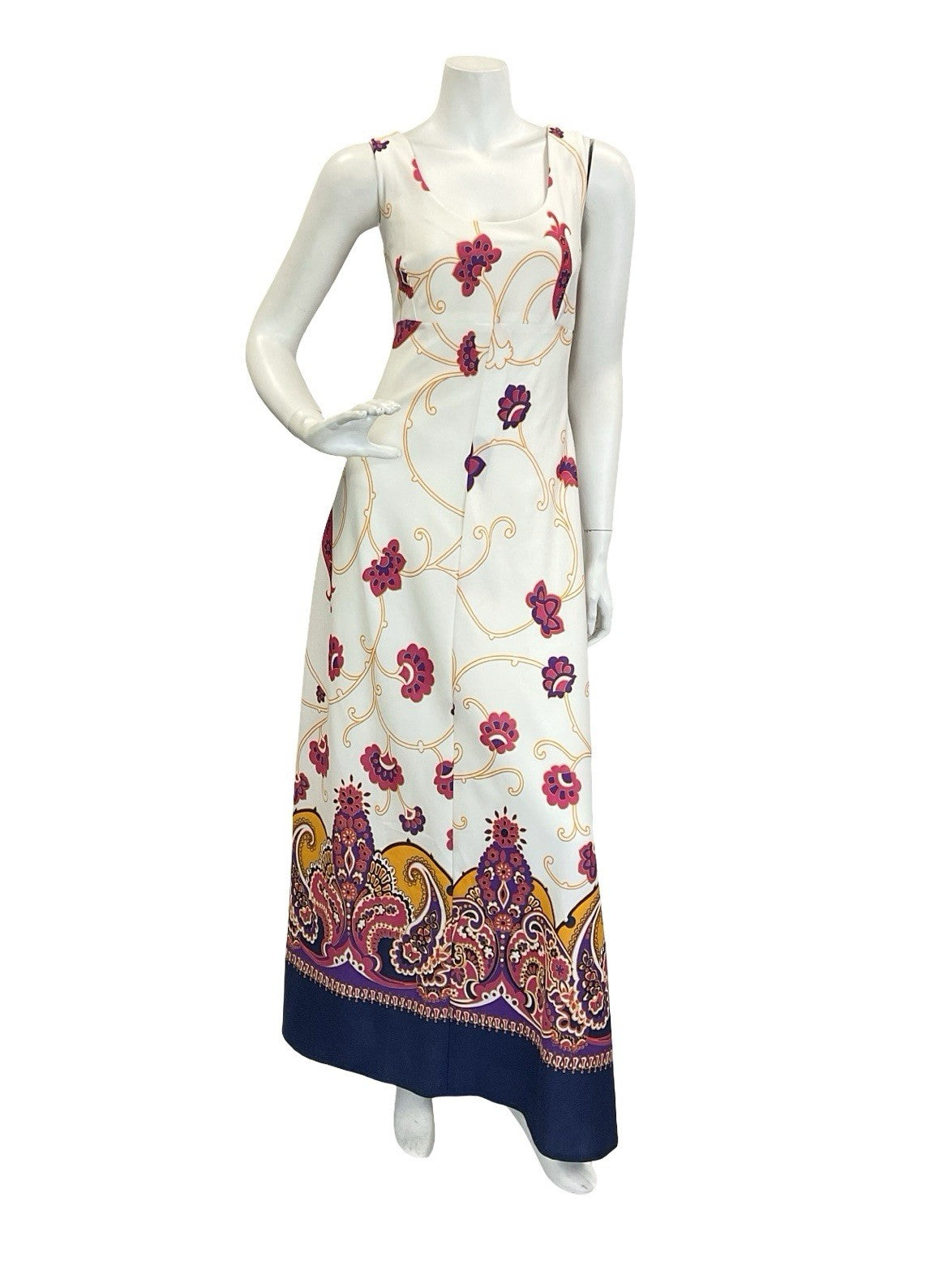 VTG 60S 70S WHITE YELLOW PINK PURPLE PSYCHEDELIC FLORAL EMPIRE MAXI DRESS 10 12