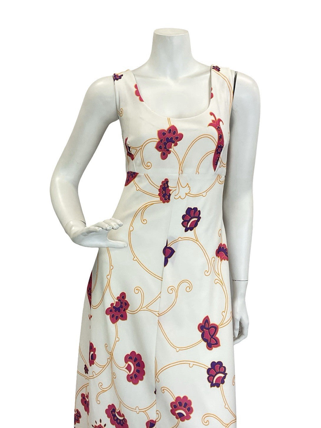 VTG 60S 70S WHITE YELLOW PINK PURPLE PSYCHEDELIC FLORAL EMPIRE MAXI DRESS 10 12