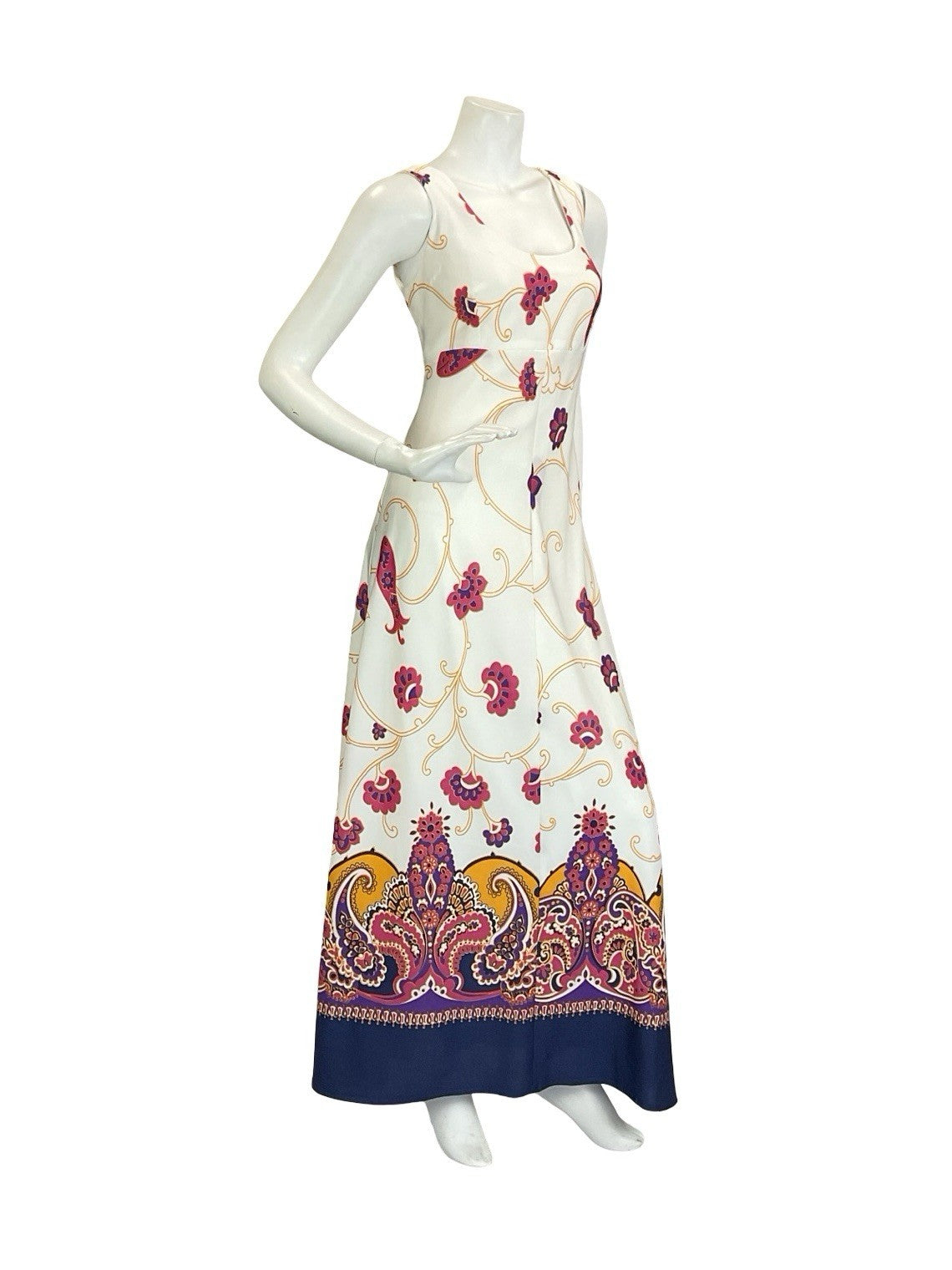 VTG 60S 70S WHITE YELLOW PINK PURPLE PSYCHEDELIC FLORAL EMPIRE MAXI DRESS 10 12