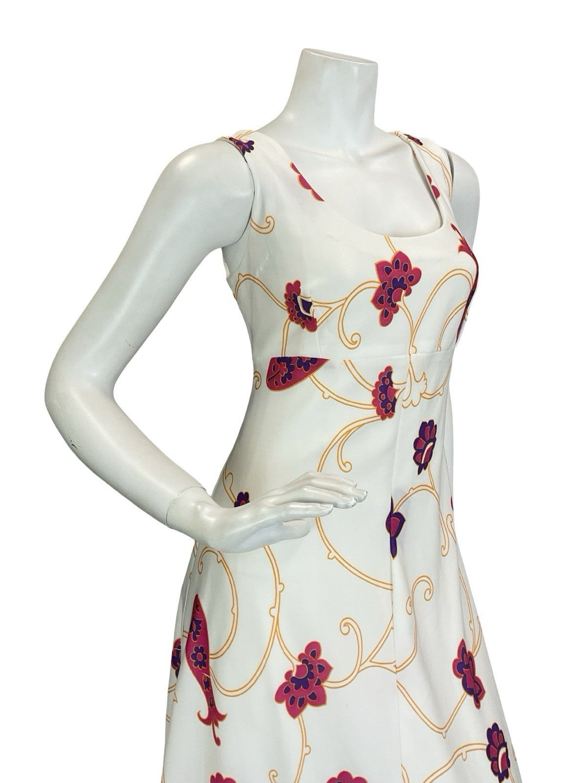 VTG 60S 70S WHITE YELLOW PINK PURPLE PSYCHEDELIC FLORAL EMPIRE MAXI DRESS 10 12