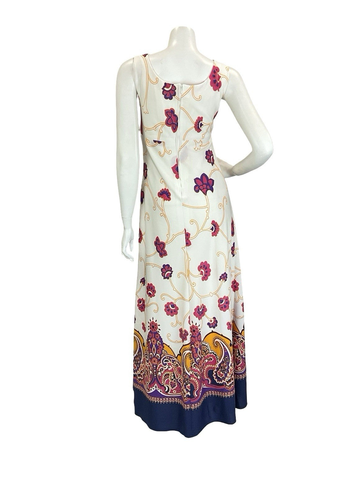 VTG 60S 70S WHITE YELLOW PINK PURPLE PSYCHEDELIC FLORAL EMPIRE MAXI DRESS 10 12