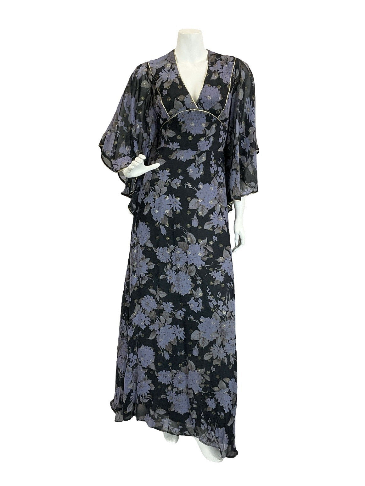 VTG 70S VERA MONT BLACK BLUE GOLD FLORAL BUTTERFLY SLEEVE FLOATY MAXI DRESS 10