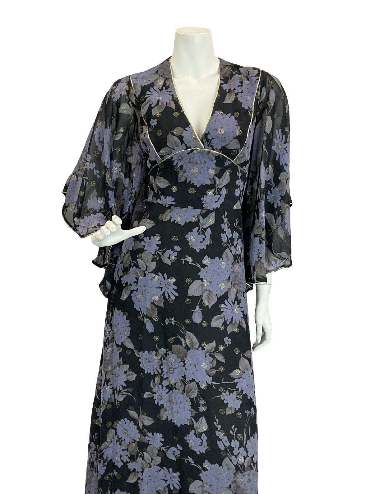 VTG 70S VERA MONT BLACK BLUE GOLD FLORAL BUTTERFLY SLEEVE FLOATY MAXI DRESS 10