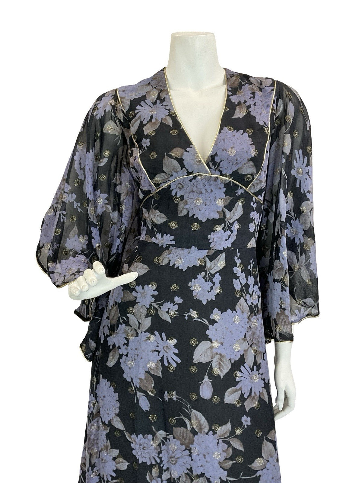 VTG 70S VERA MONT BLACK BLUE GOLD FLORAL BUTTERFLY SLEEVE FLOATY MAXI DRESS 10