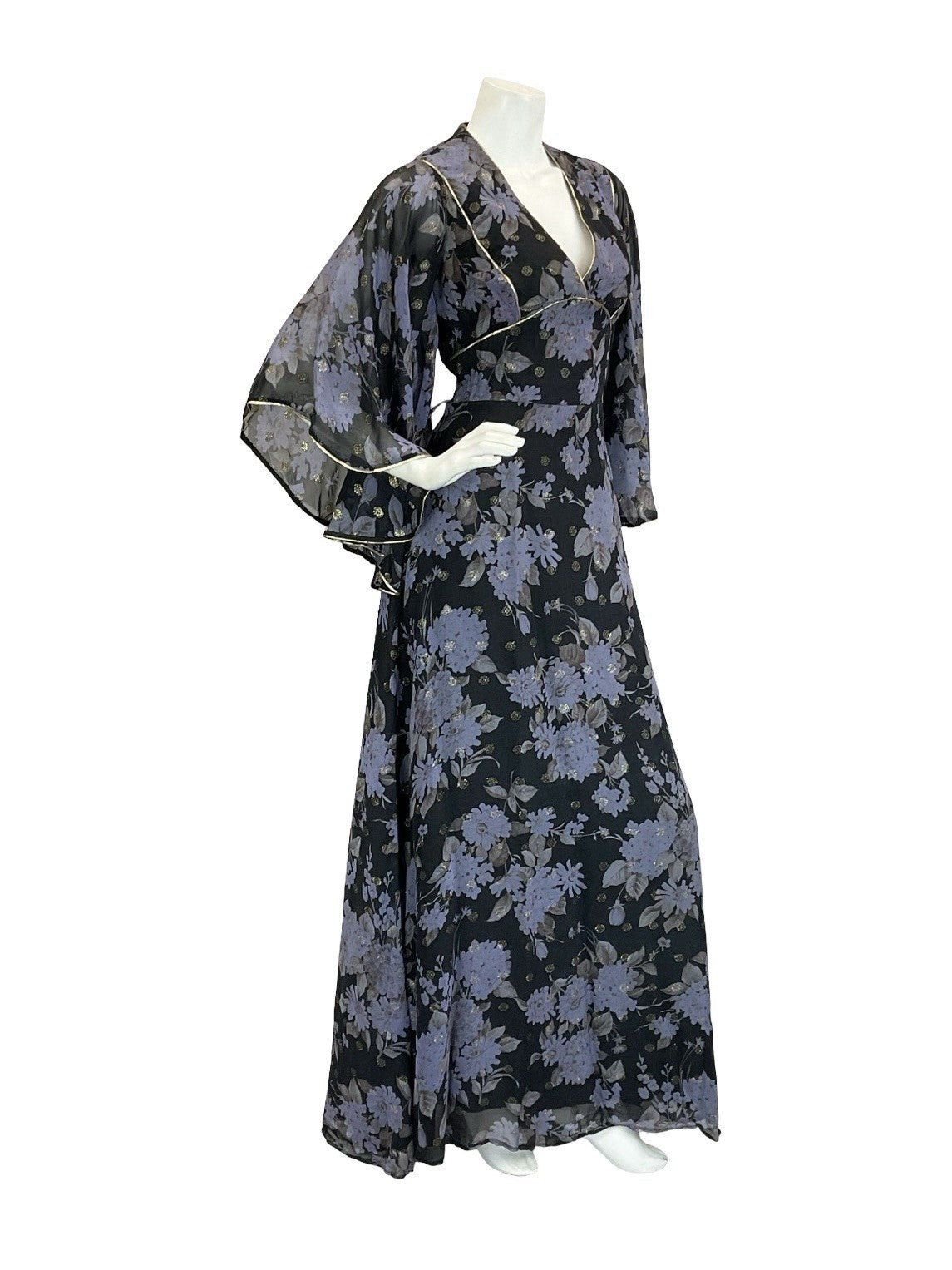 VTG 70S VERA MONT BLACK BLUE GOLD FLORAL BUTTERFLY SLEEVE FLOATY MAXI DRESS 10