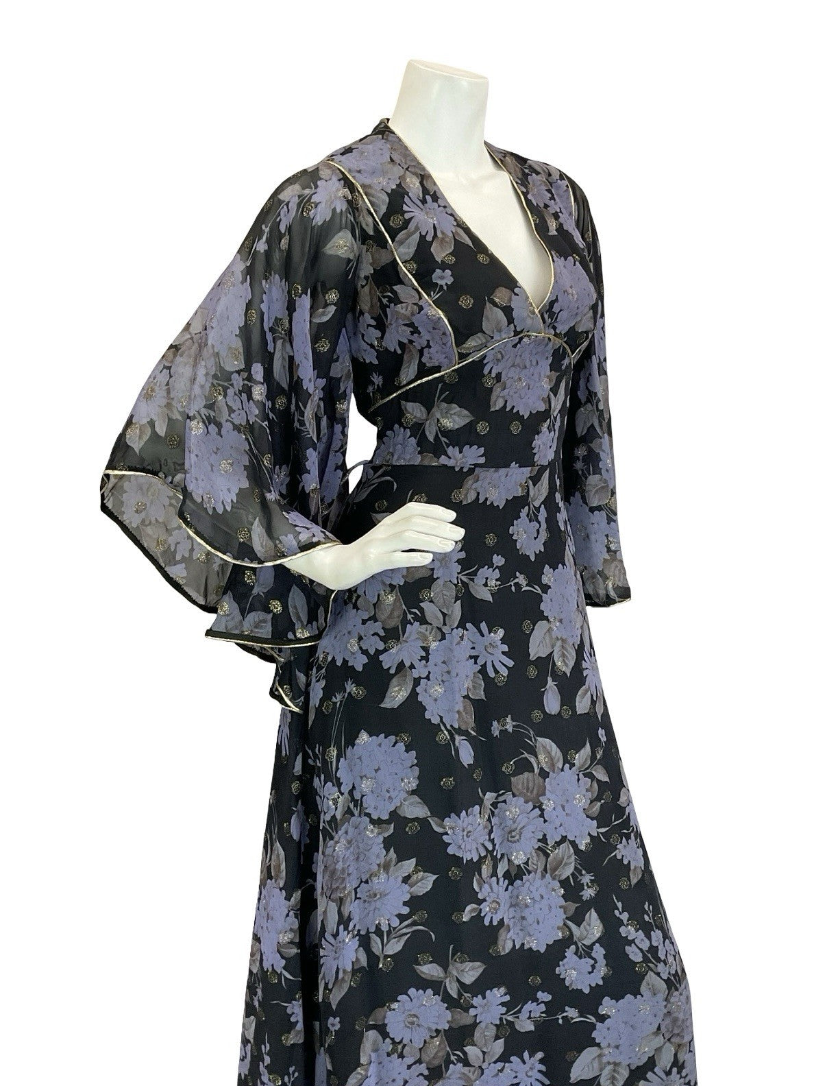 VTG 70S VERA MONT BLACK BLUE GOLD FLORAL BUTTERFLY SLEEVE FLOATY MAXI DRESS 10