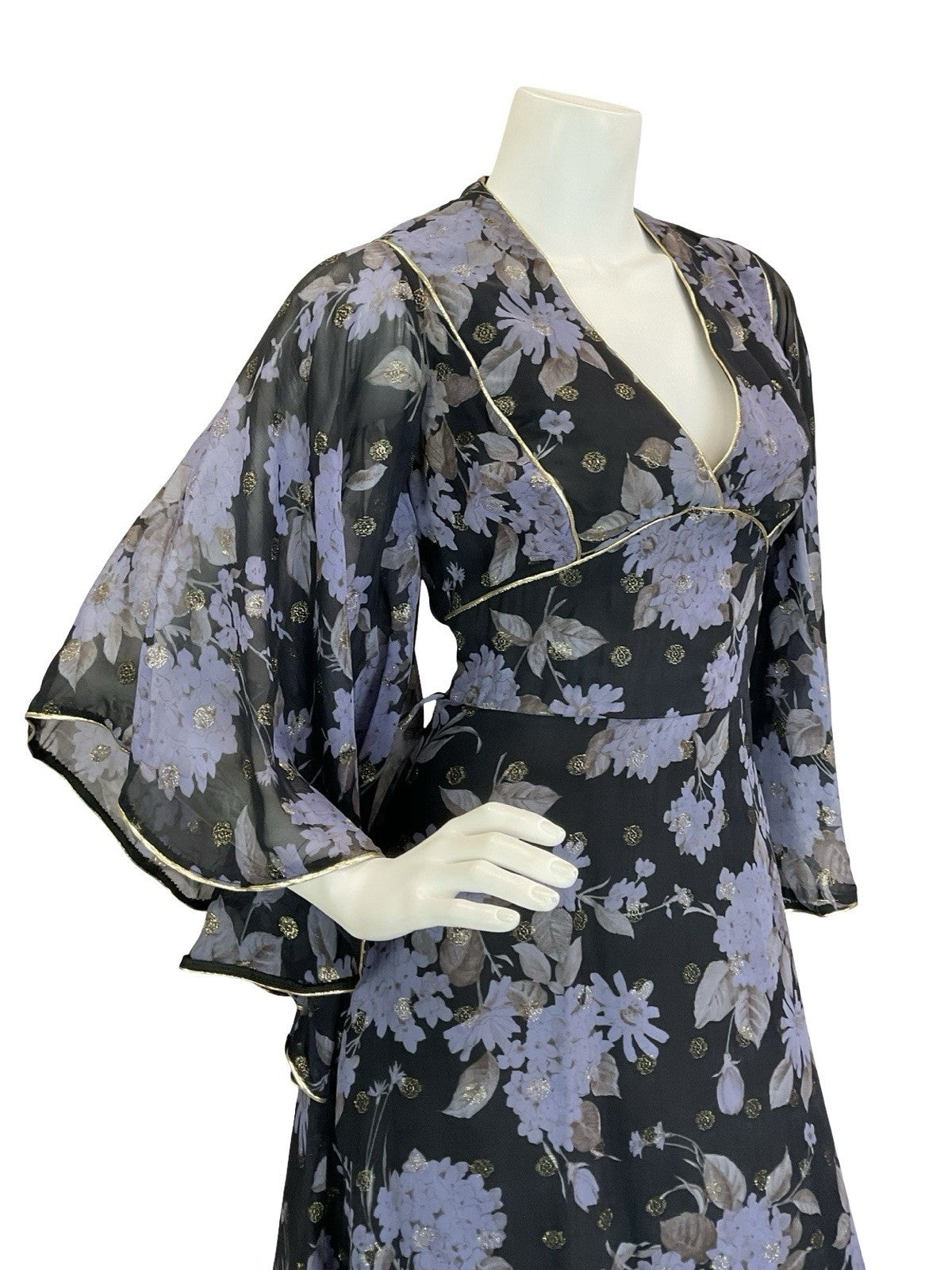 VTG 70S VERA MONT BLACK BLUE GOLD FLORAL BUTTERFLY SLEEVE FLOATY MAXI DRESS 10