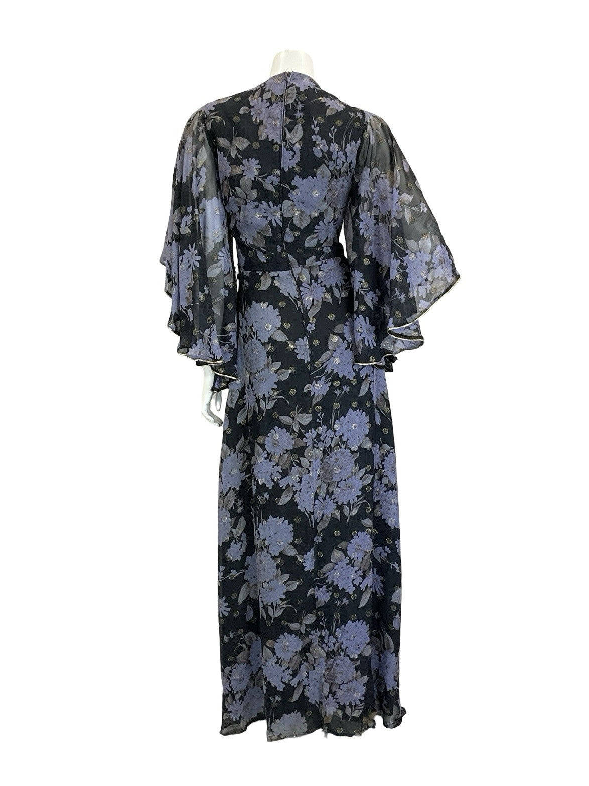 VTG 70S VERA MONT BLACK BLUE GOLD FLORAL BUTTERFLY SLEEVE FLOATY MAXI DRESS 10