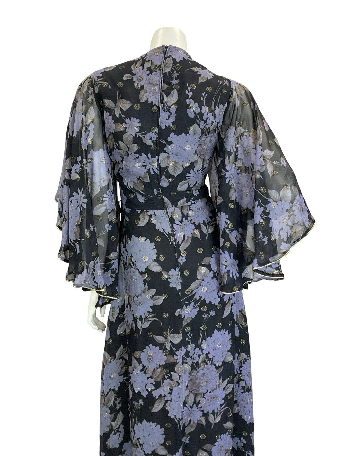 VTG 70S VERA MONT BLACK BLUE GOLD FLORAL BUTTERFLY SLEEVE FLOATY MAXI DRESS 10