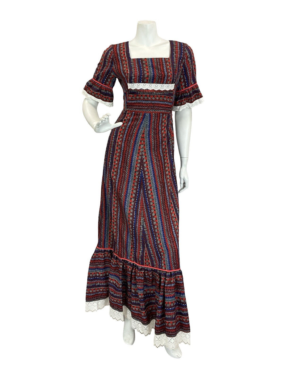 VTG 60S 70S RED WHITE BLUE BLACK COTTAGE RUFFLE FLORAL STRIPE MAXI DRESS 8