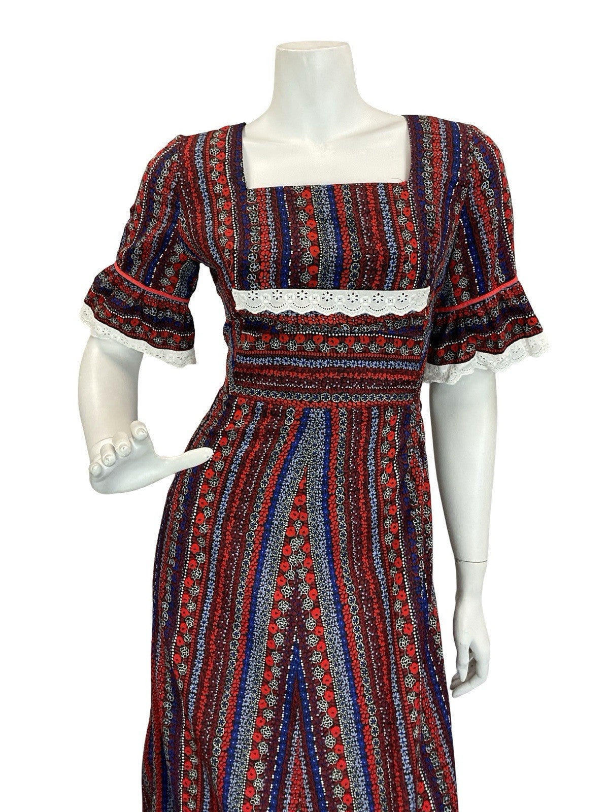 VTG 60S 70S RED WHITE BLUE BLACK COTTAGE RUFFLE FLORAL STRIPE MAXI DRESS 8