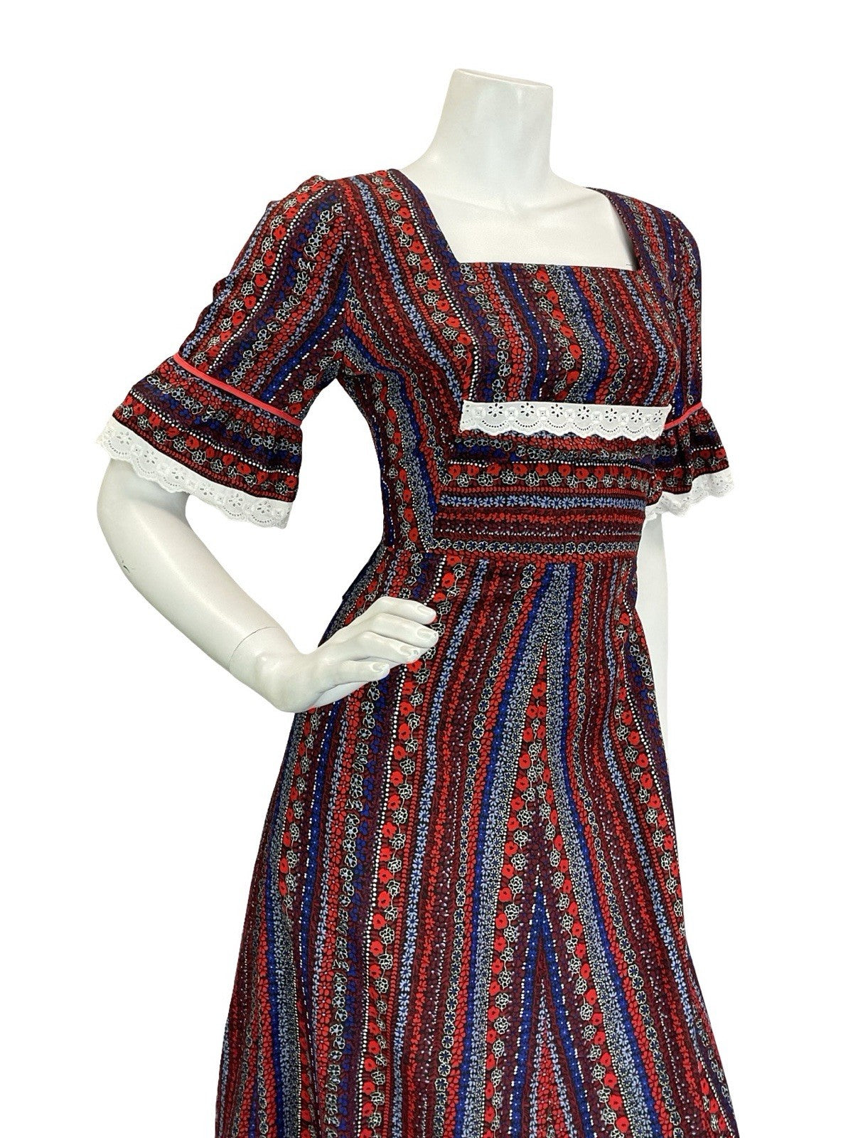 VTG 60S 70S RED WHITE BLUE BLACK COTTAGE RUFFLE FLORAL STRIPE MAXI DRESS 8