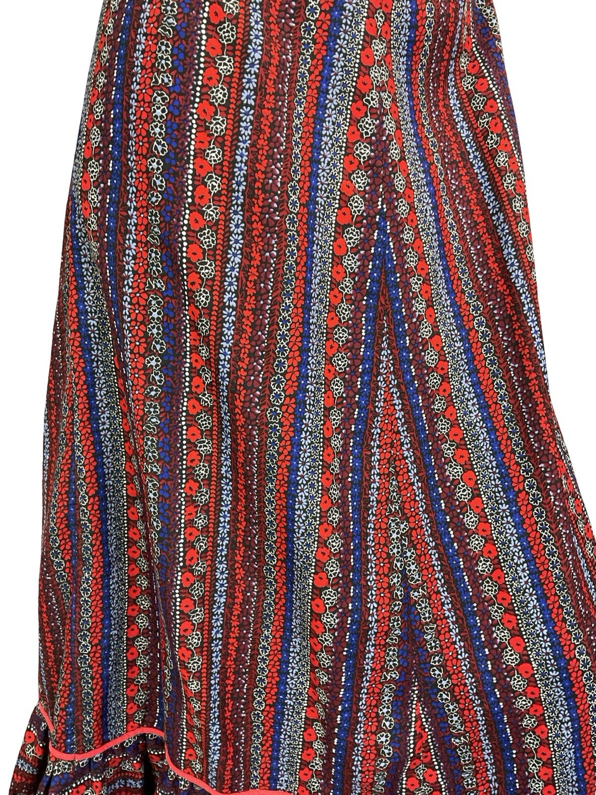 VTG 60S 70S RED WHITE BLUE BLACK COTTAGE RUFFLE FLORAL STRIPE MAXI DRESS 8