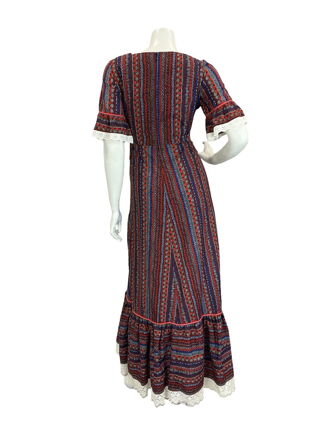 VTG 60S 70S RED WHITE BLUE BLACK COTTAGE RUFFLE FLORAL STRIPE MAXI DRESS 8
