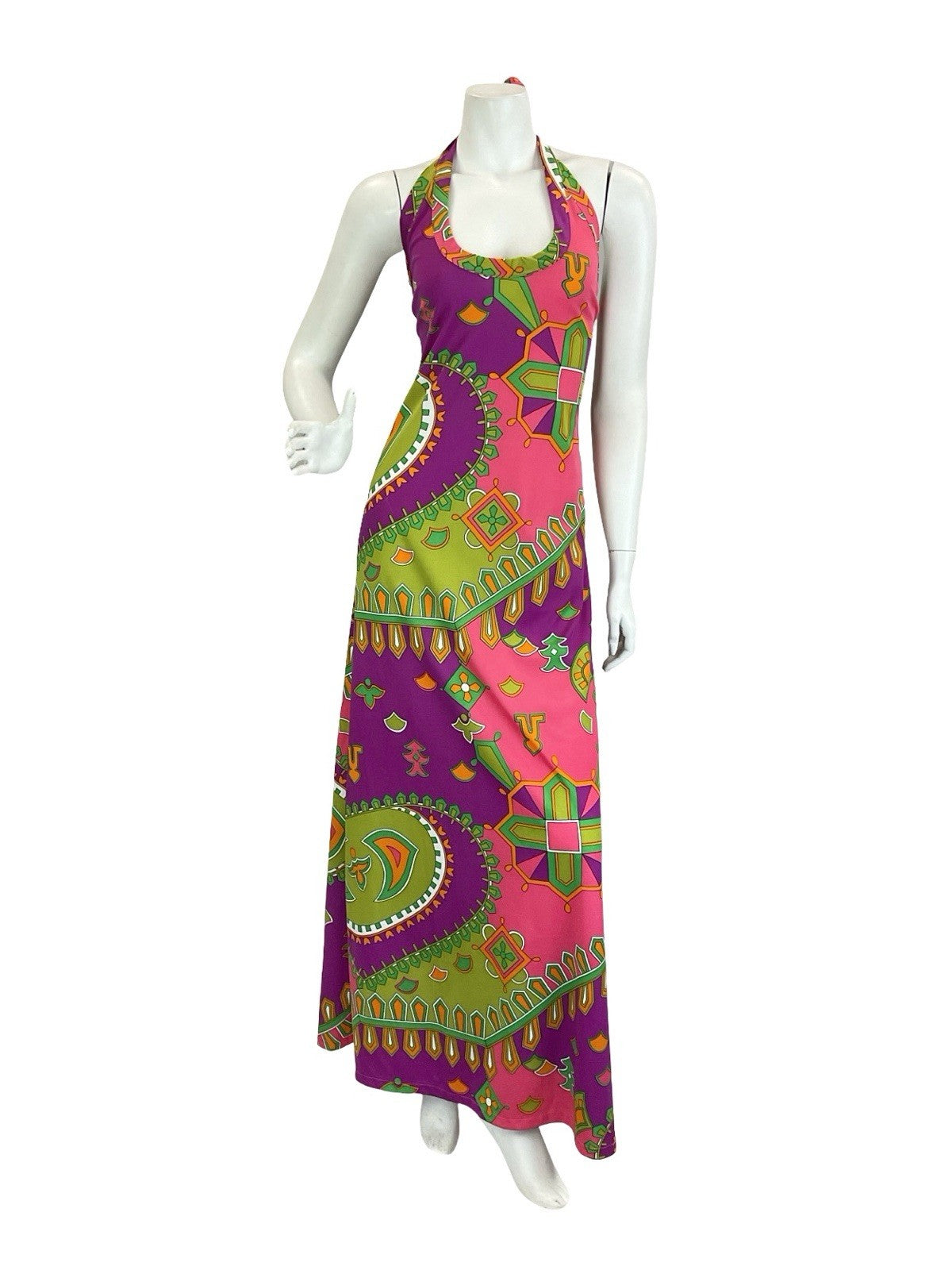 VTG 70S PINK PURPLE GREEN ORANGE AZTEC GEOMETRIC HALTER NECK MAXI DRESS 10 12