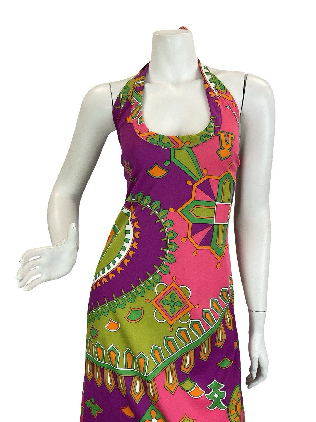 VTG 70S PINK PURPLE GREEN ORANGE AZTEC GEOMETRIC HALTER NECK MAXI DRESS 10 12