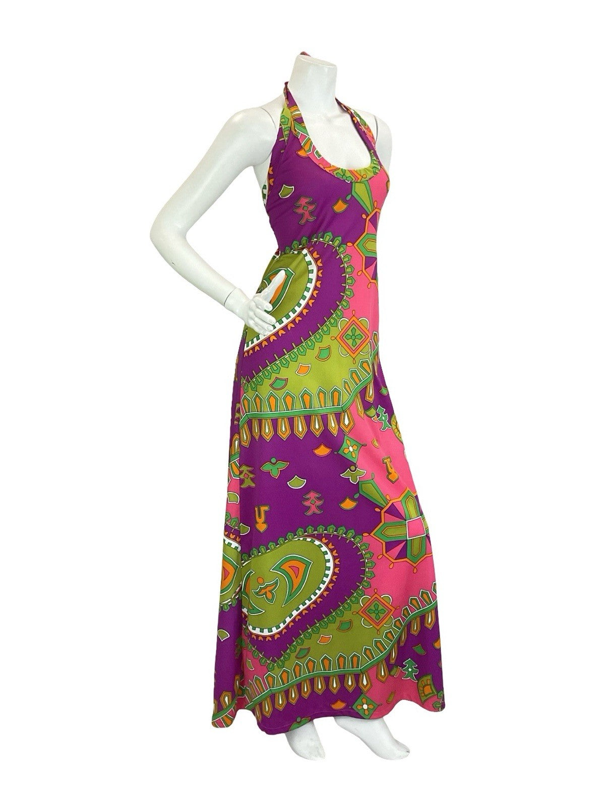 VTG 70S PINK PURPLE GREEN ORANGE AZTEC GEOMETRIC HALTER NECK MAXI DRESS 10 12