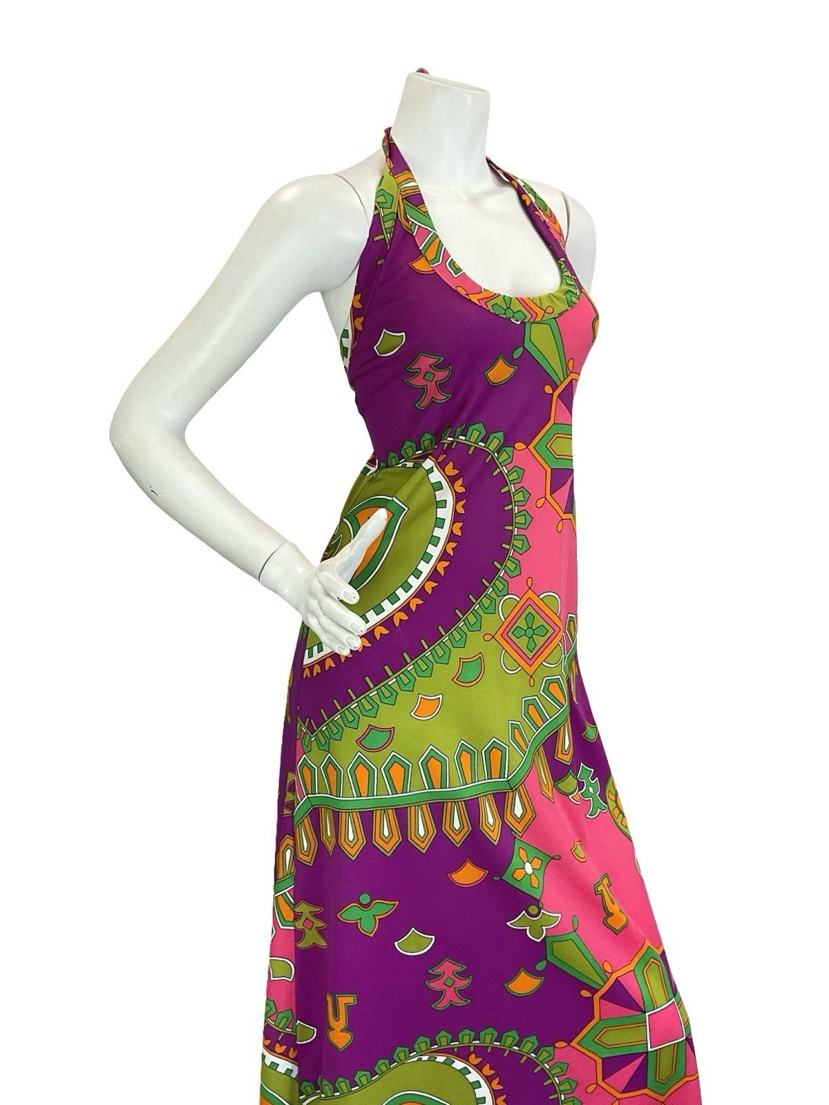VTG 70S PINK PURPLE GREEN ORANGE AZTEC GEOMETRIC HALTER NECK MAXI DRESS 10 12