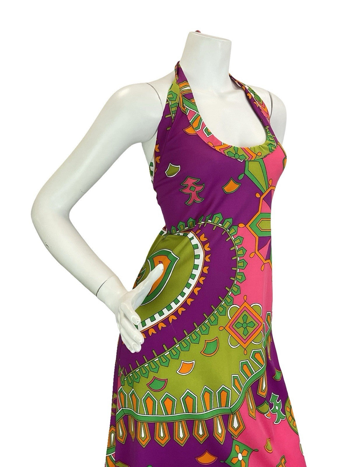 VTG 70S PINK PURPLE GREEN ORANGE AZTEC GEOMETRIC HALTER NECK MAXI DRESS 10 12