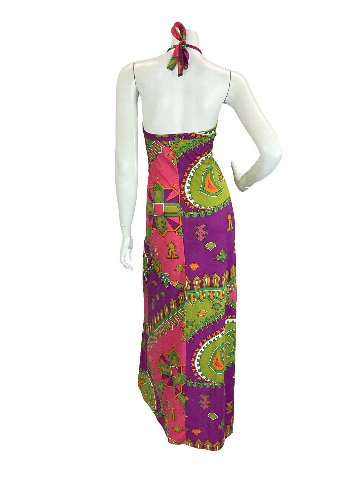 VTG 70S PINK PURPLE GREEN ORANGE AZTEC GEOMETRIC HALTER NECK MAXI DRESS 10 12