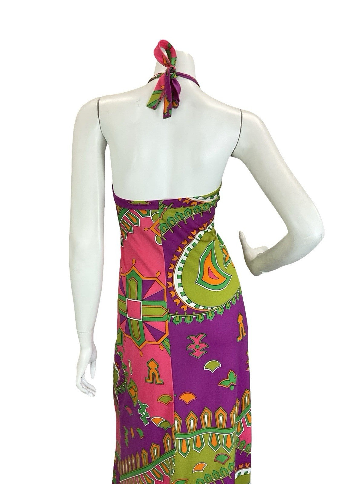 VTG 70S PINK PURPLE GREEN ORANGE AZTEC GEOMETRIC HALTER NECK MAXI DRESS 10 12