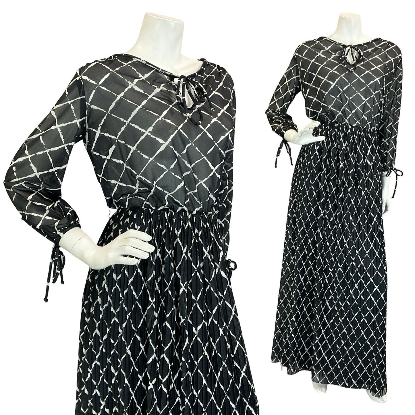 VTG 70S BLACK WHITE GEOMETRIC GRID BLOUSON KEYHOLE PLEATED MAXI DRESS 8