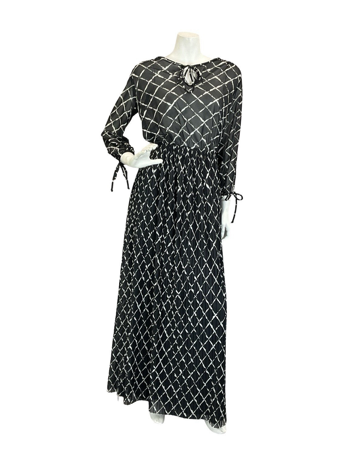VTG 70S BLACK WHITE GEOMETRIC GRID BLOUSON KEYHOLE PLEATED MAXI DRESS 8