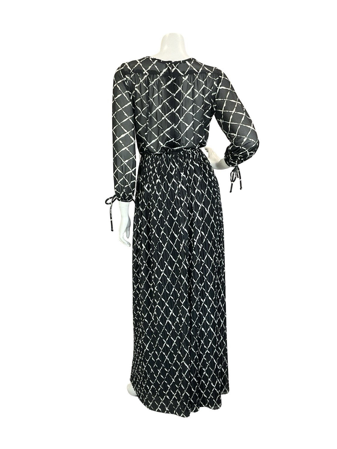 VTG 70S BLACK WHITE GEOMETRIC GRID BLOUSON KEYHOLE PLEATED MAXI DRESS 8