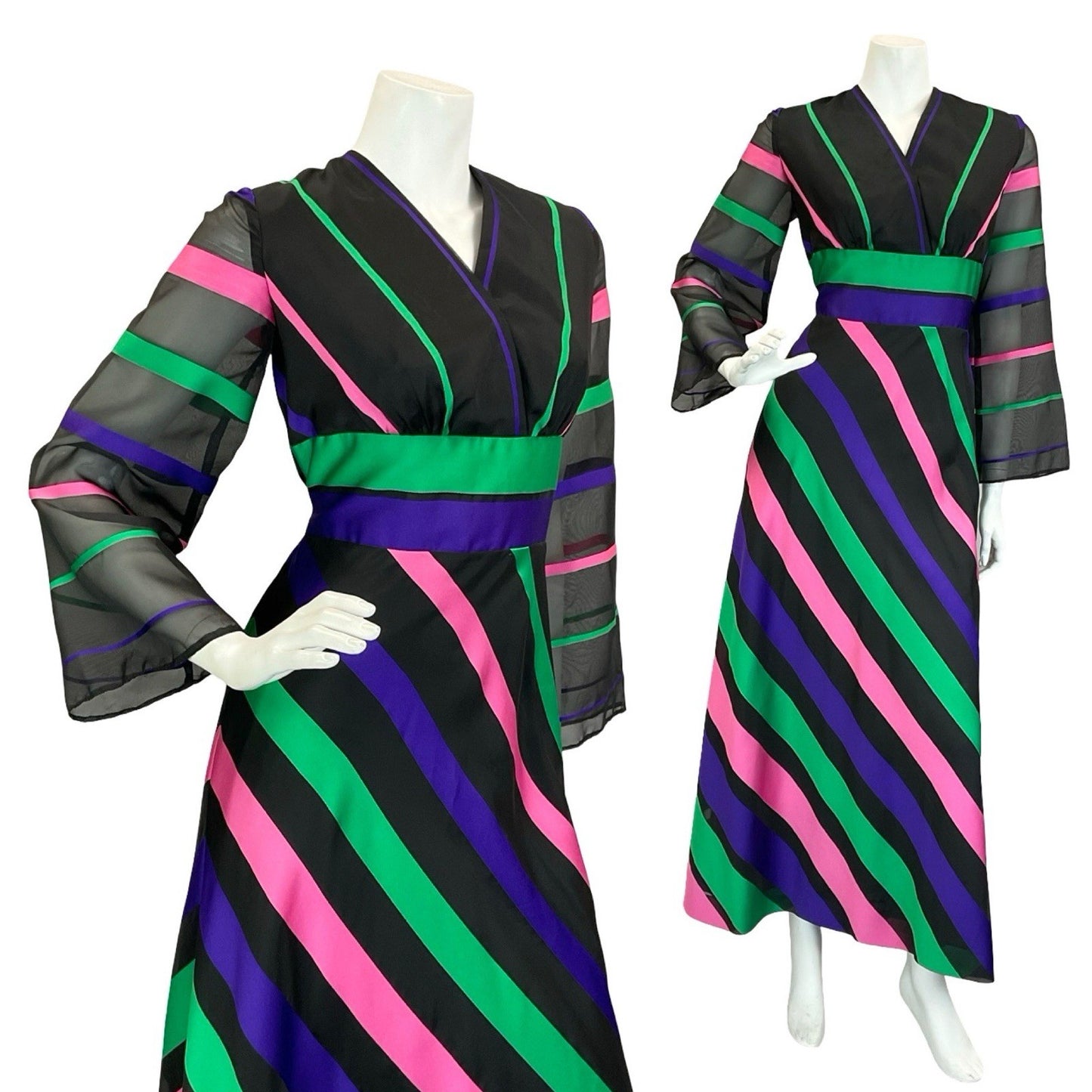 VTG 60S 70S VERA MONT BLACK GREEN PINK PURPLE STRIPED WIDE SLEEVE MAXI DRESS 10