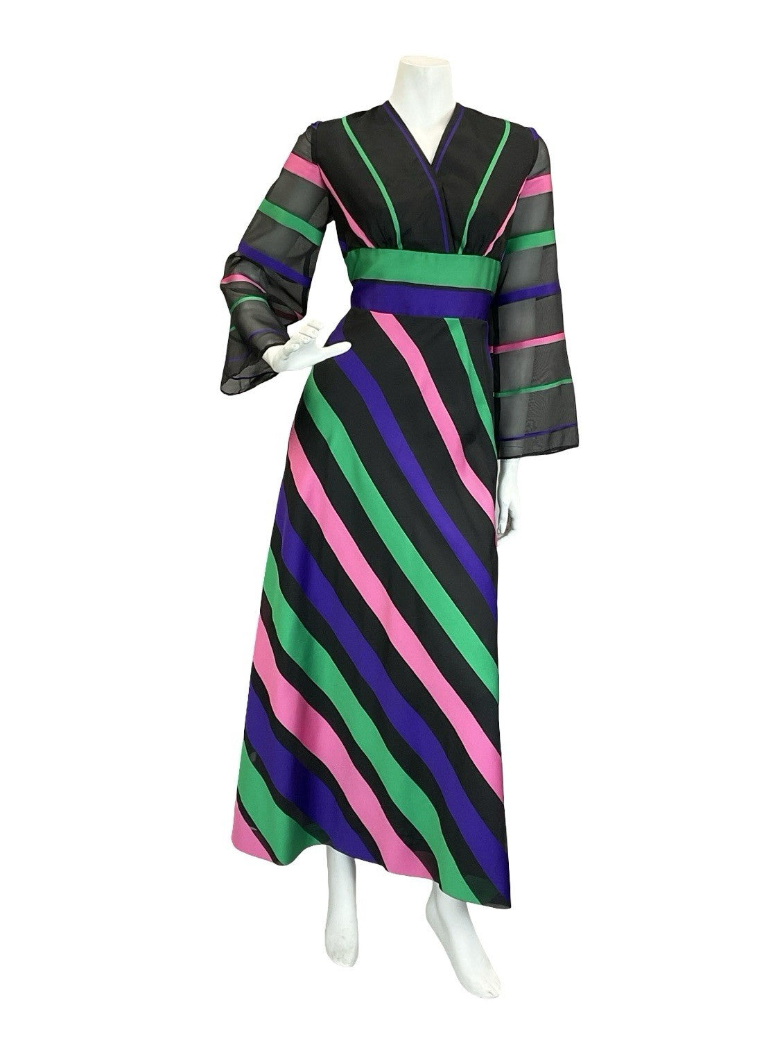 VTG 60S 70S VERA MONT BLACK GREEN PINK PURPLE STRIPED WIDE SLEEVE MAXI DRESS 10
