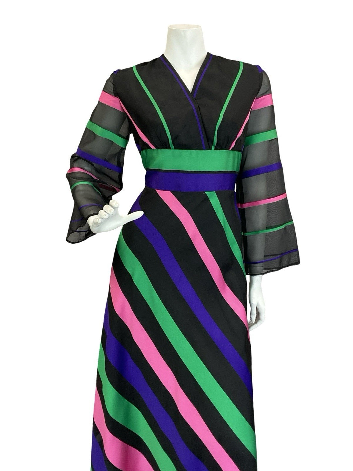 VTG 60S 70S VERA MONT BLACK GREEN PINK PURPLE STRIPED WIDE SLEEVE MAXI DRESS 10