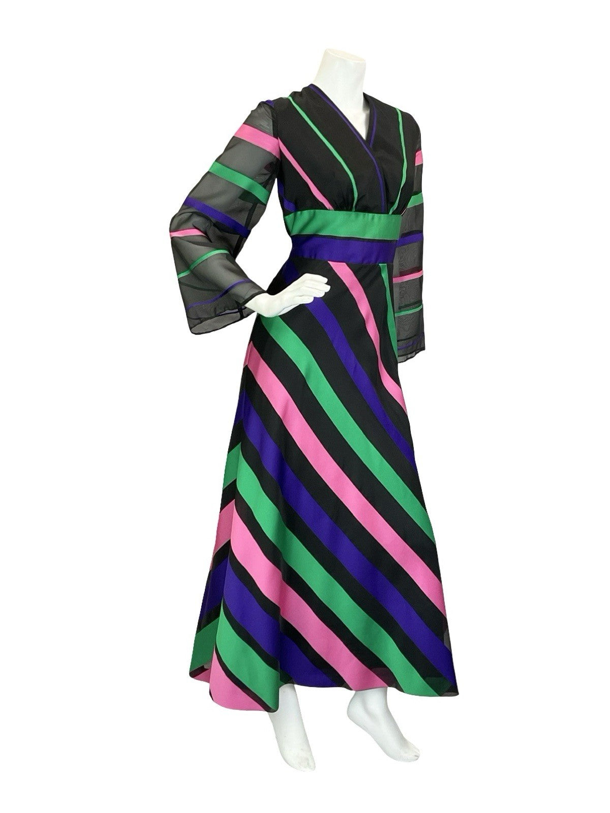 VTG 60S 70S VERA MONT BLACK GREEN PINK PURPLE STRIPED WIDE SLEEVE MAXI DRESS 10