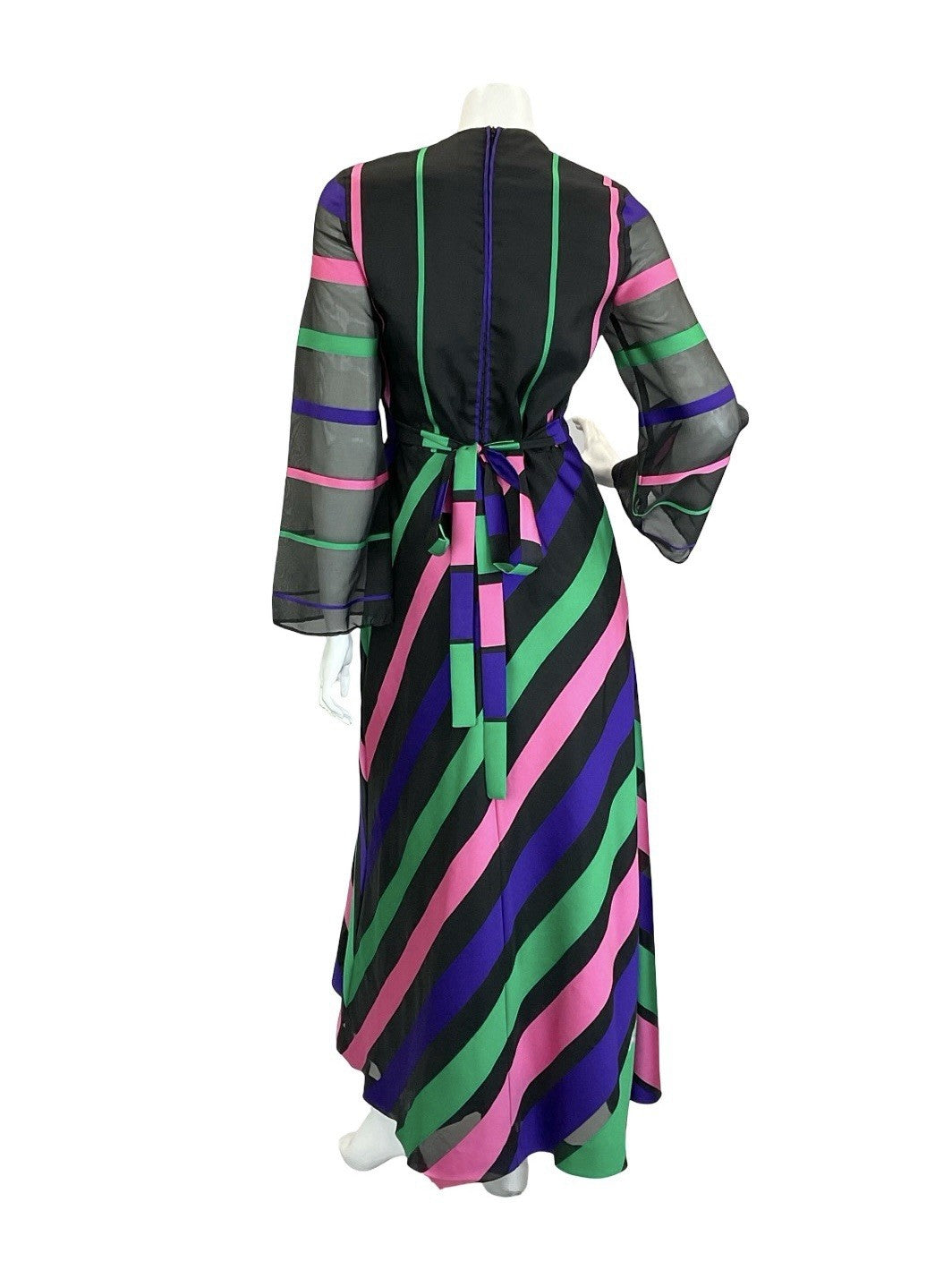 VTG 60S 70S VERA MONT BLACK GREEN PINK PURPLE STRIPED WIDE SLEEVE MAXI DRESS 10
